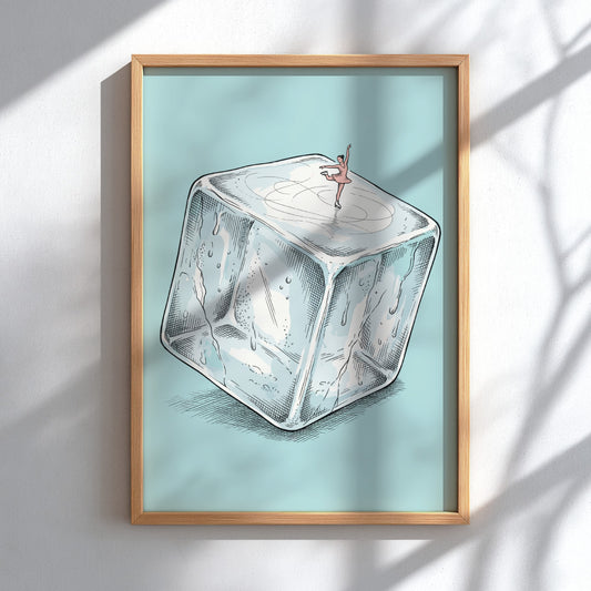Poster featuring a graceful figure skater performing a spin on a large ice cube