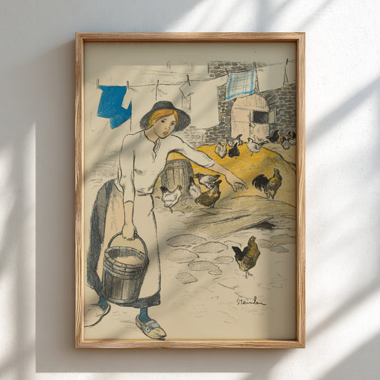 Fille de Ferme (Farm Girl) Art Nouveau poster featuring a young girl with a bucket and chickens.