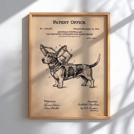 Funny animal patent poster featuring a technical drawing of a Basset Hound harness