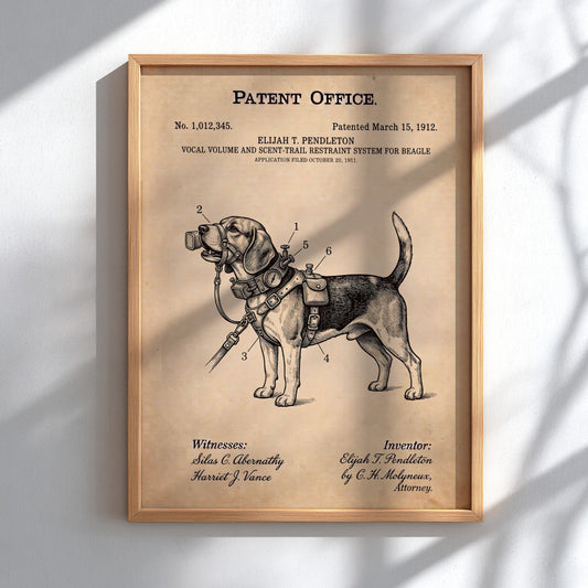 Funny patent poster of a beagle wearing a vocal volume and scent restraint system.