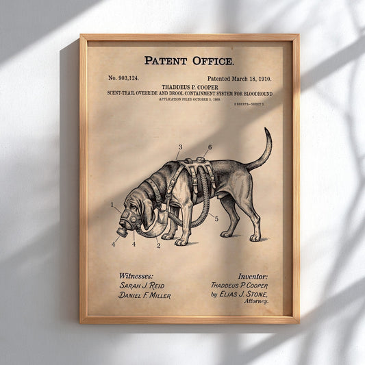 Funny animal patent poster showing a vintage technical drawing of a bloodhound harness.