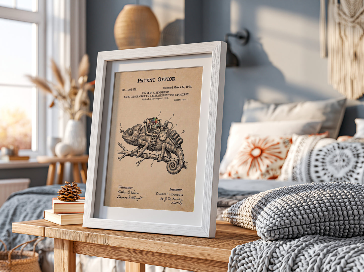 Funny animal patent poster depicting a mechanical chameleon colour change acceleration device on paper