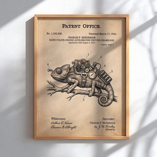 Funny animal patent poster depicting a mechanical chameleon colour change acceleration device on paper