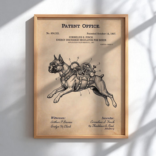 Funny animal patent poster showing a Boxer dog wearing a vintage mechanical energy regulator