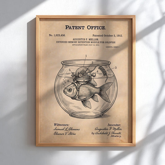 Funny animal patent poster showing a goldfish with a mechanical memory retention device attached