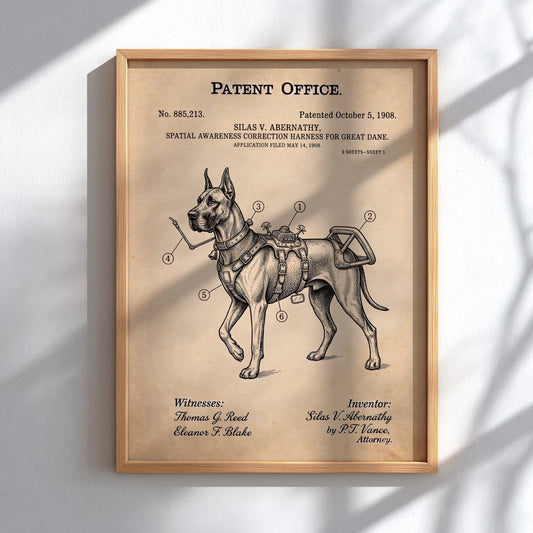 Funny animal patent poster featuring a technical drawing of a Great Dane harness.
