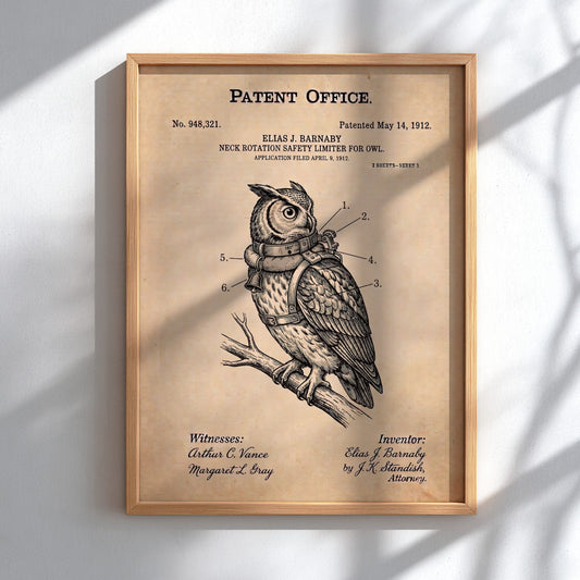 Funny patent poster of an owl wearing a mechanical neck rotation safety limiter harness