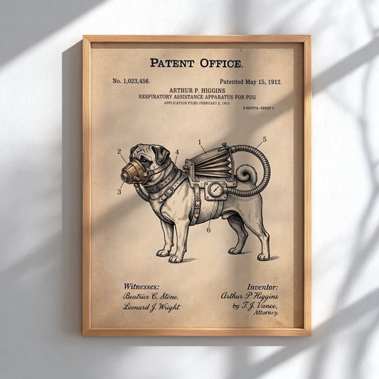 Funny patent poster of a pug wearing a vintage respiratory assistance apparatus machine