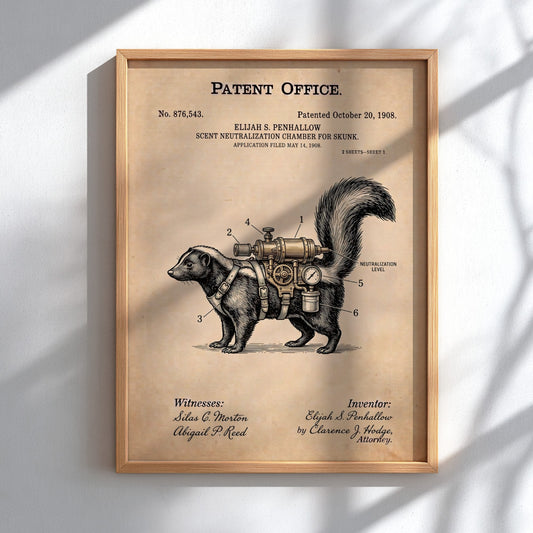 Patent poster showing a skunk wearing a mechanical scent neutralization device on parchment paper.