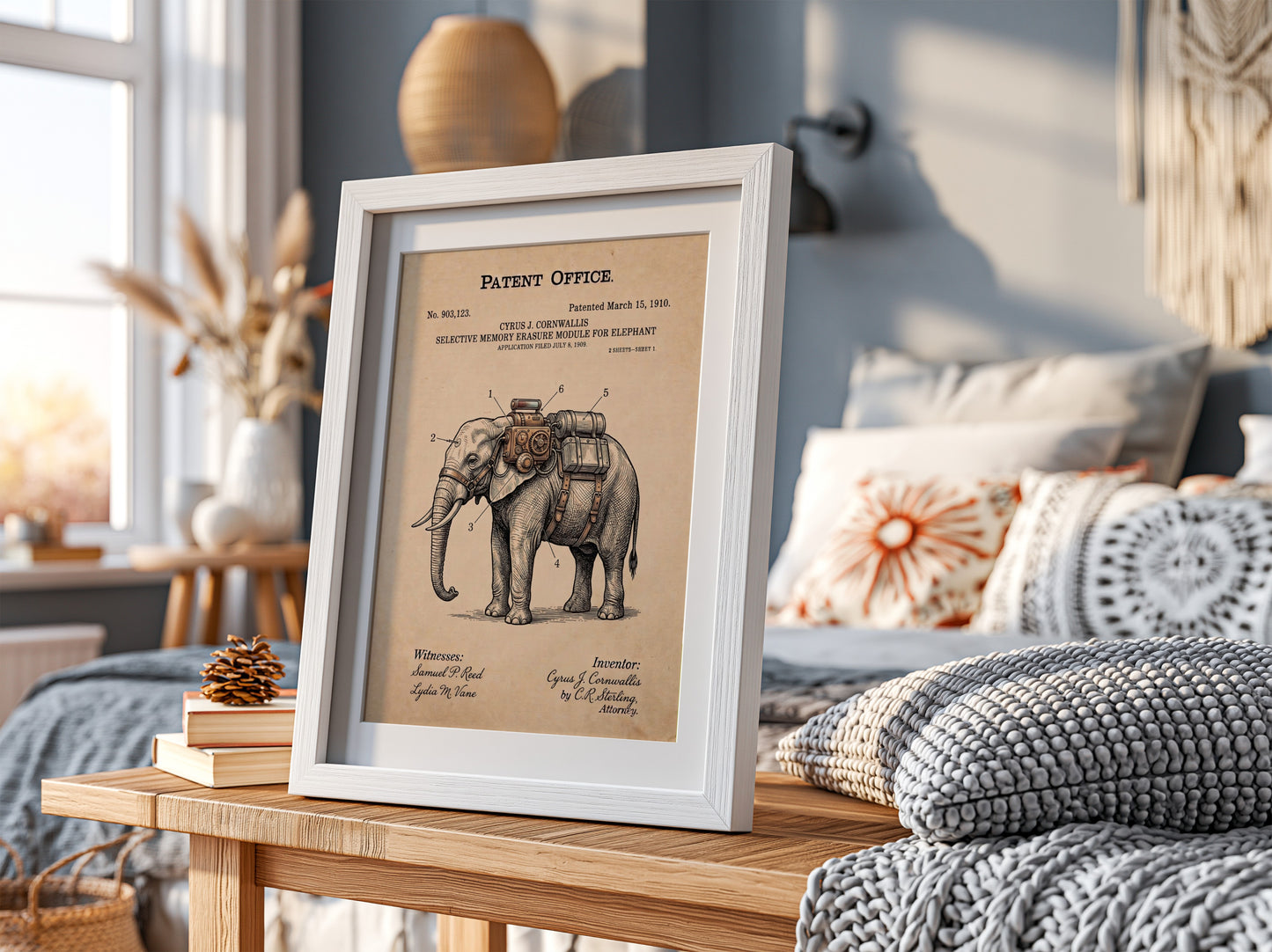 Funny patent poster featuring a vintage schematic for an elephant memory erasure module