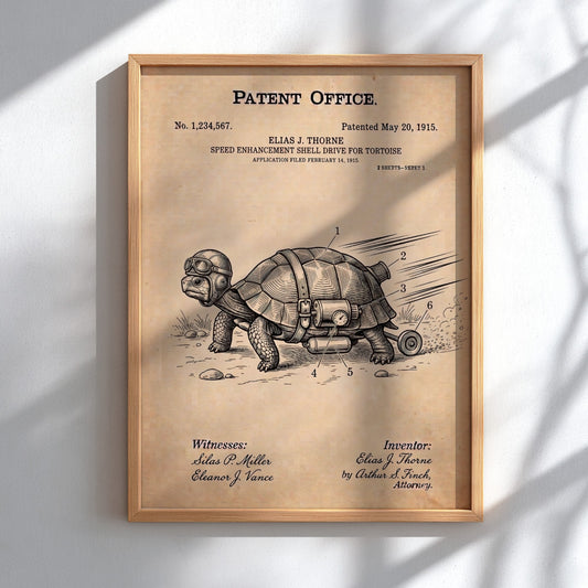 Funny patent poster of a tortoise wearing goggles with a rocket shell attachment