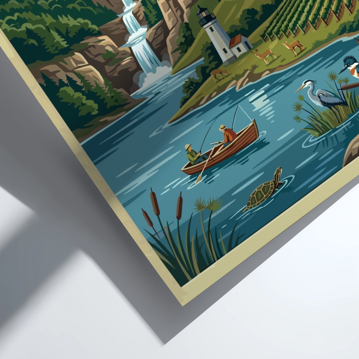 Travel poster of Finger Lakes New York featuring vineyards, a lighthouse, and waterfall.