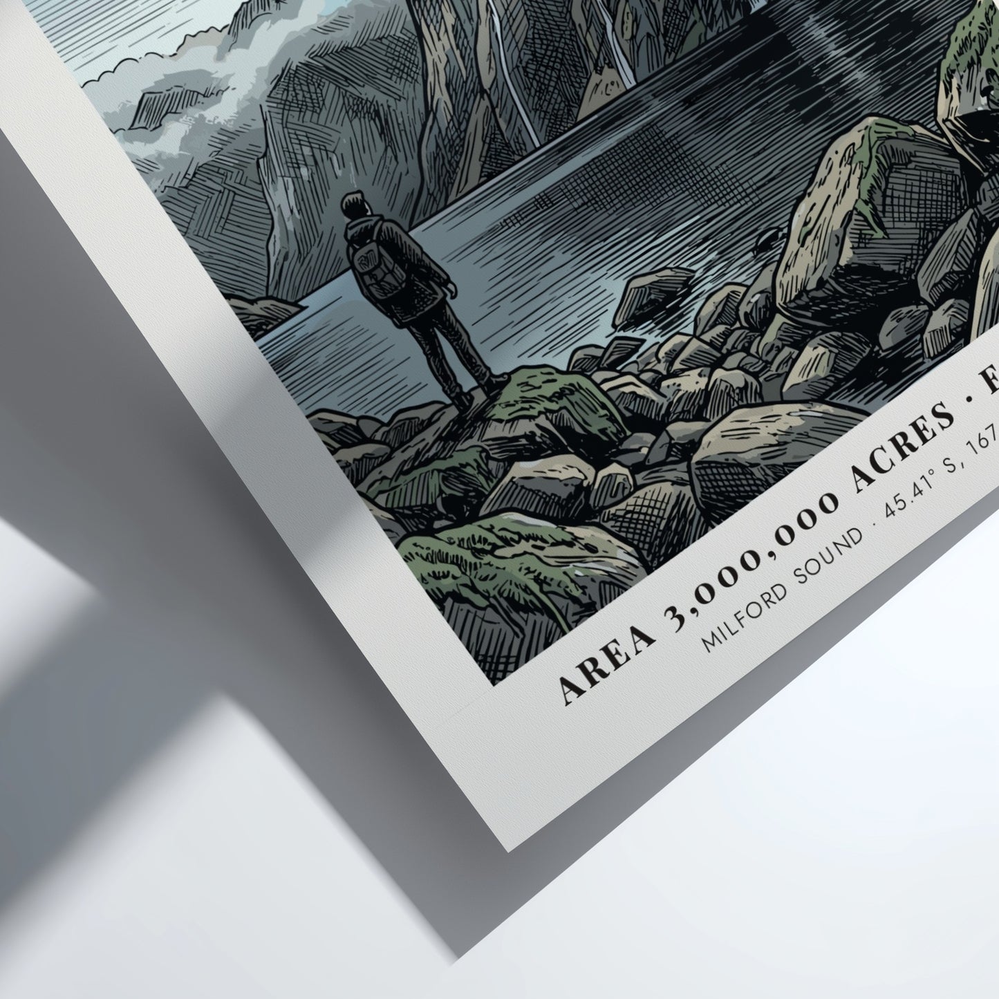 Poster of a hiker overlooking the dramatic peaks and waterfalls of Fiordland New Zealand.