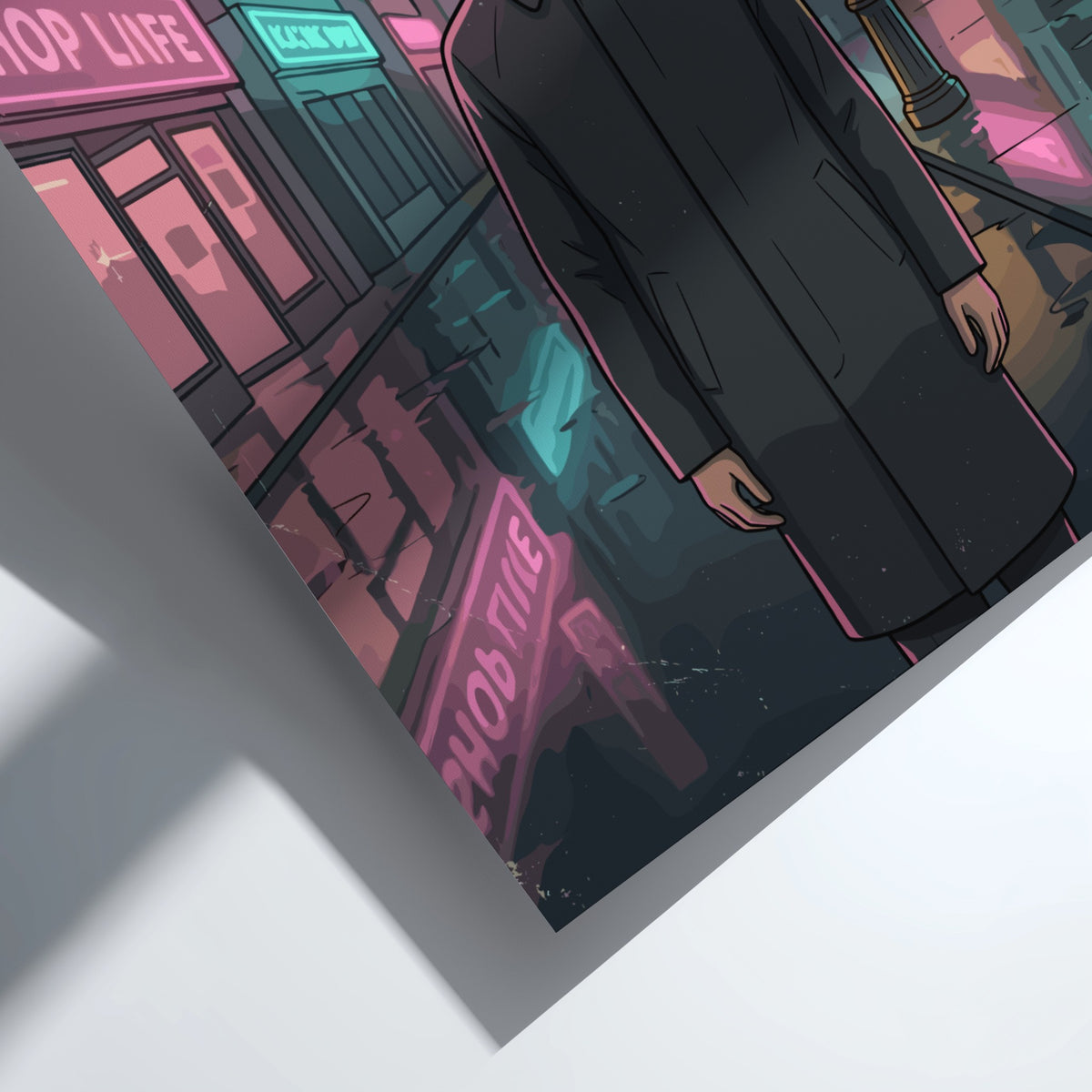 Poster featuring a surreal figure with a fishbowl head in a rainy neon city.