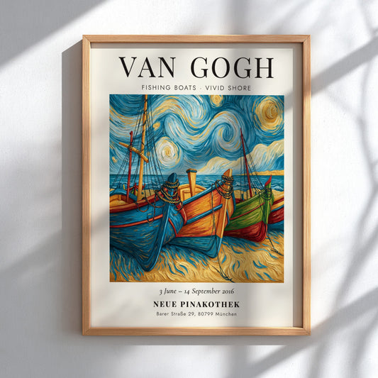 Fishing boats poster featuring vibrant colors and swirling skies inspired by Van Gogh's style