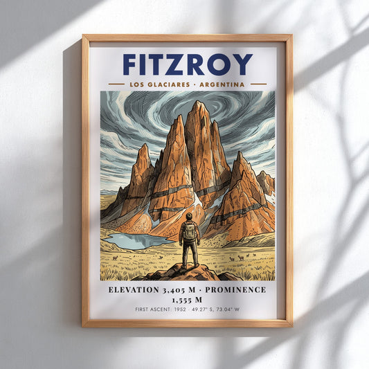 Poster of Fitzroy mountain in Argentina featuring a hiker looking at granite peaks