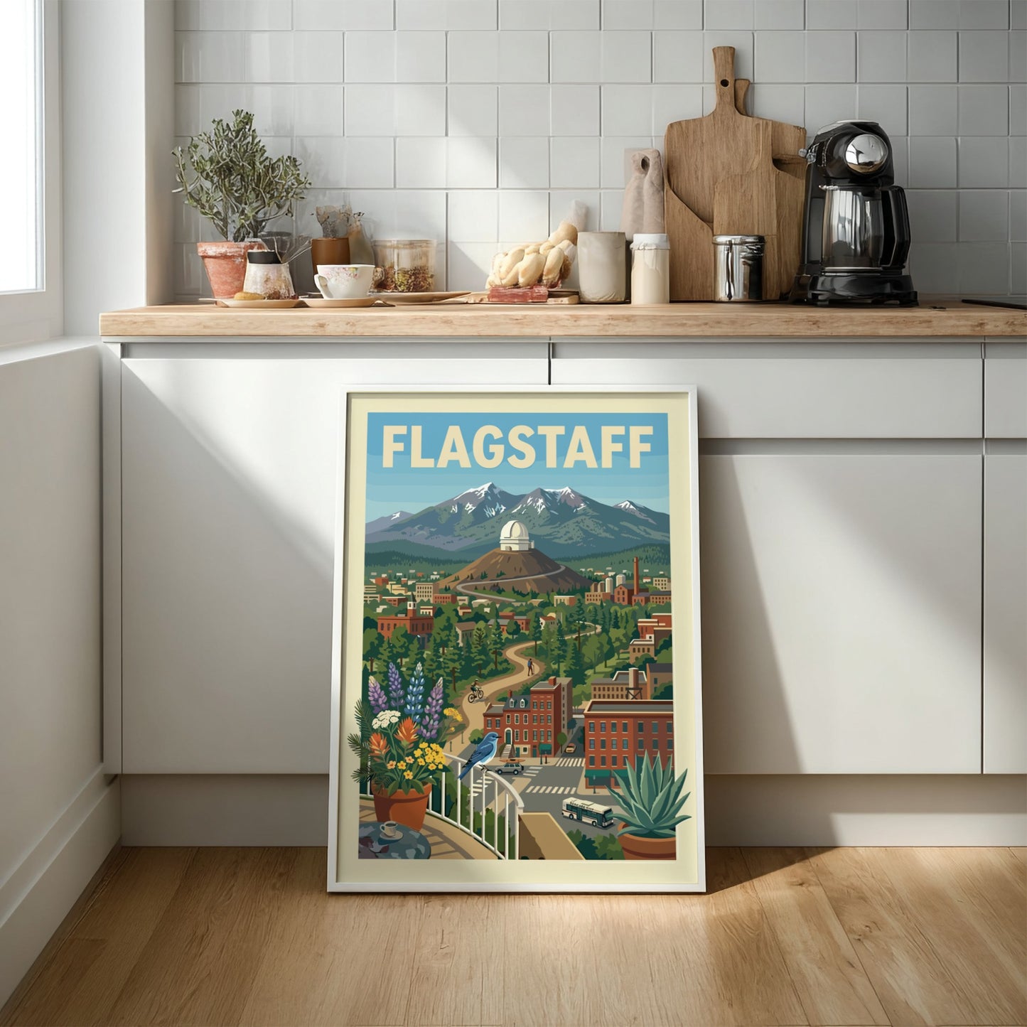 Flagstaff cityscape poster with observatory, mountains, trees, and buildings in a vintage travel art style.