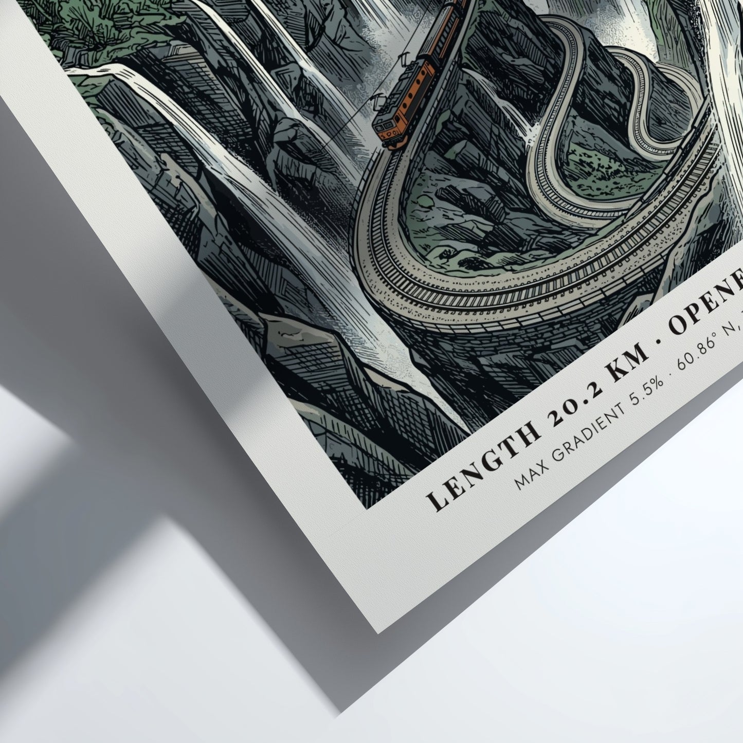 Poster featuring the Flam railway climbing steep Norwegian cliffs past waterfalls and mountains.