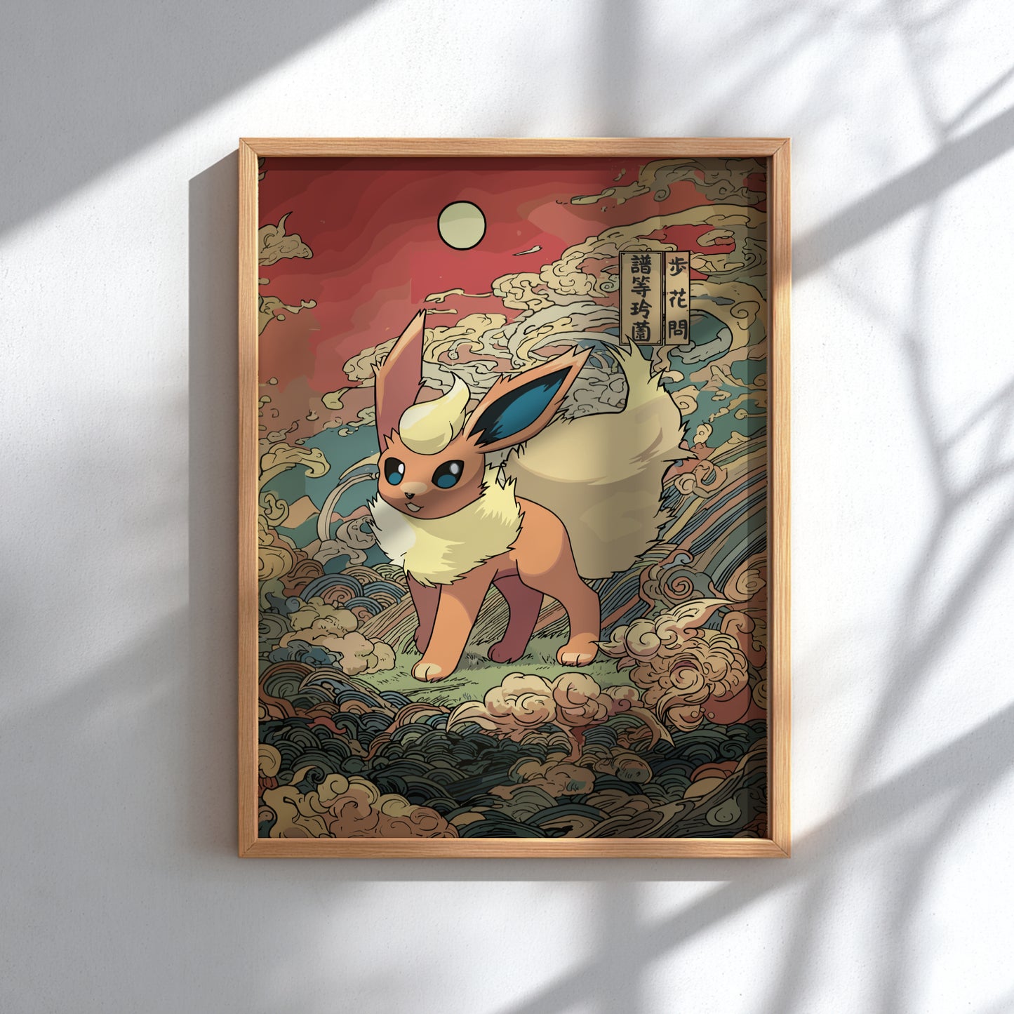 Framed artwork of a stylized Flareon Pokemon with a red background and traditional elements.