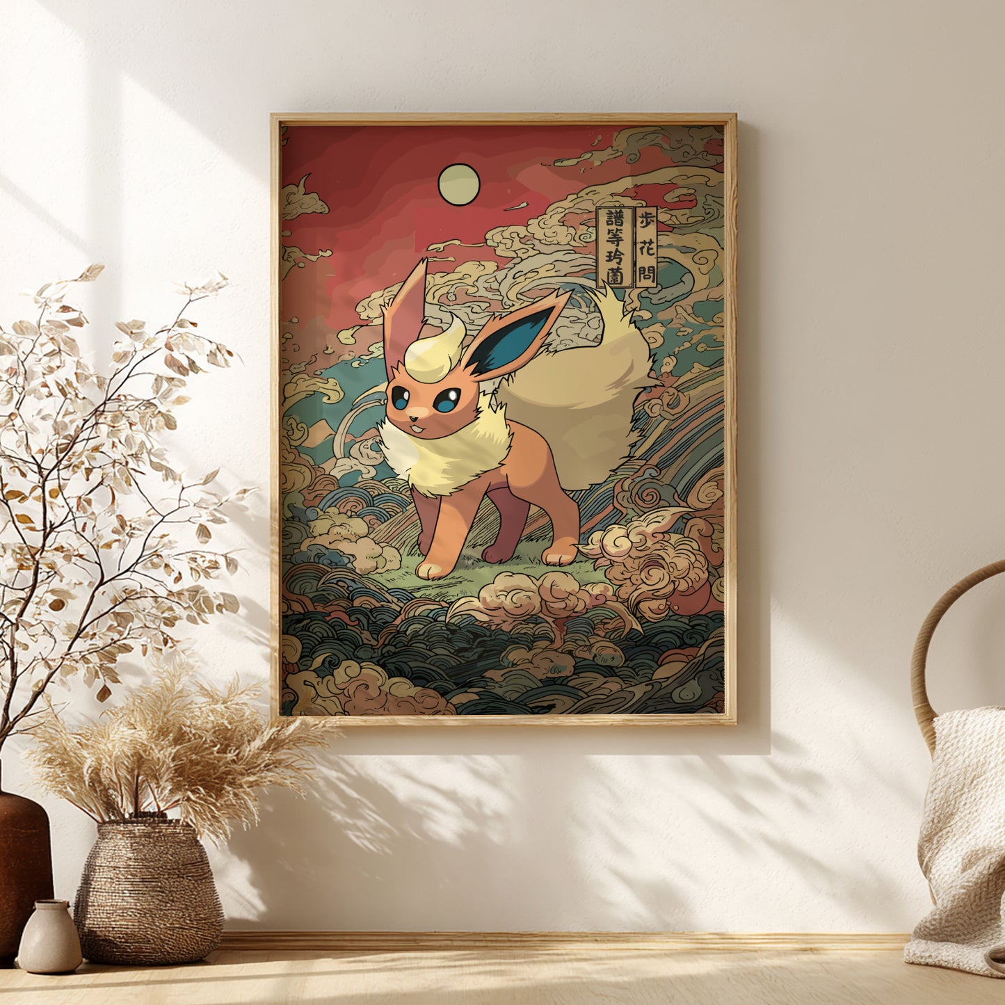 Framed artwork of a stylized Flareon Pokemon on a wall with decorative elements.