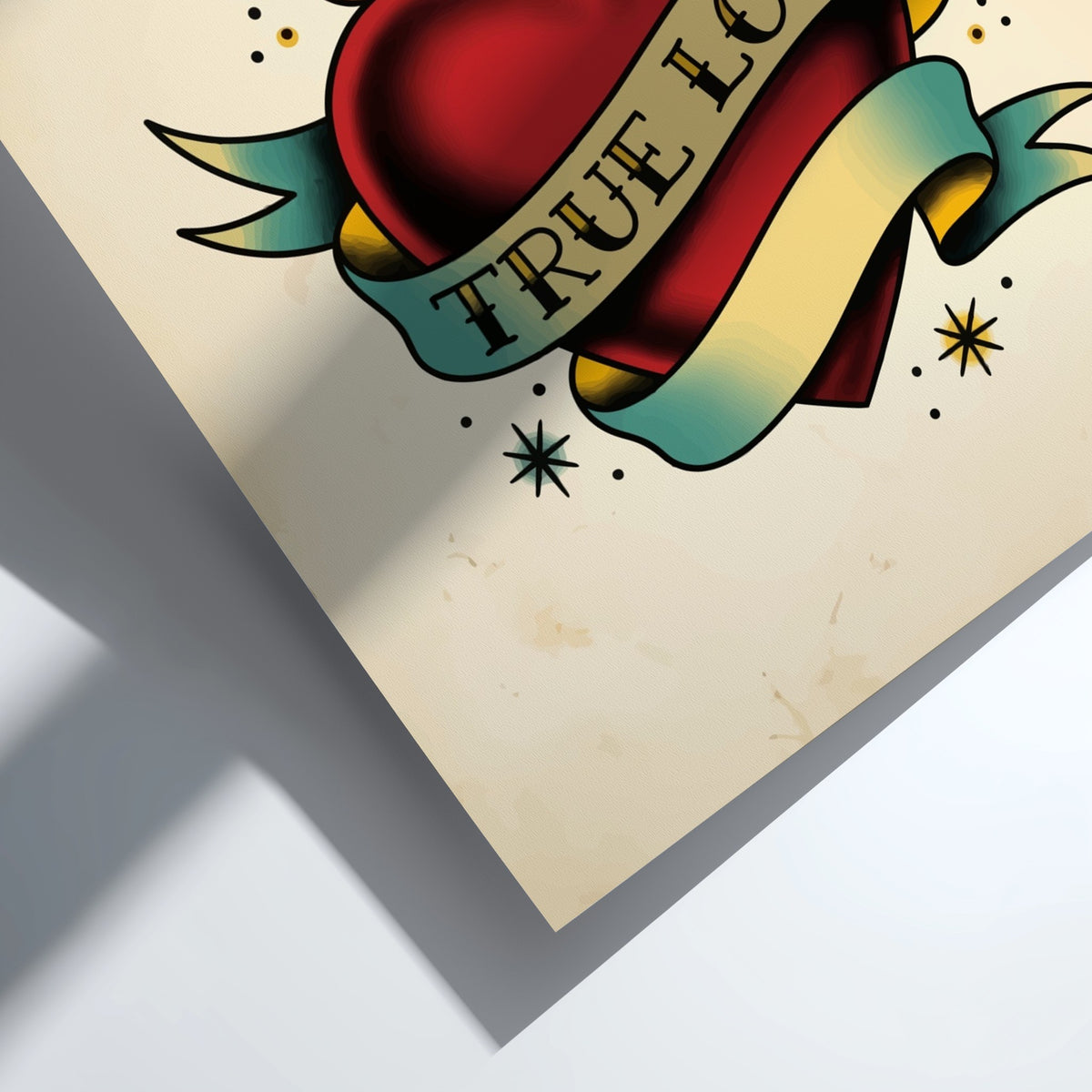 Poster featuring a traditional tattoo style heart with flames and a true love banner