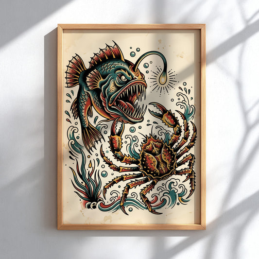Poster featuring a traditional tattoo style anglerfish and crab in deep sea colours.