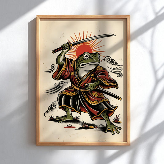 Poster of a samurai frog in red robes wielding a katana with a sun