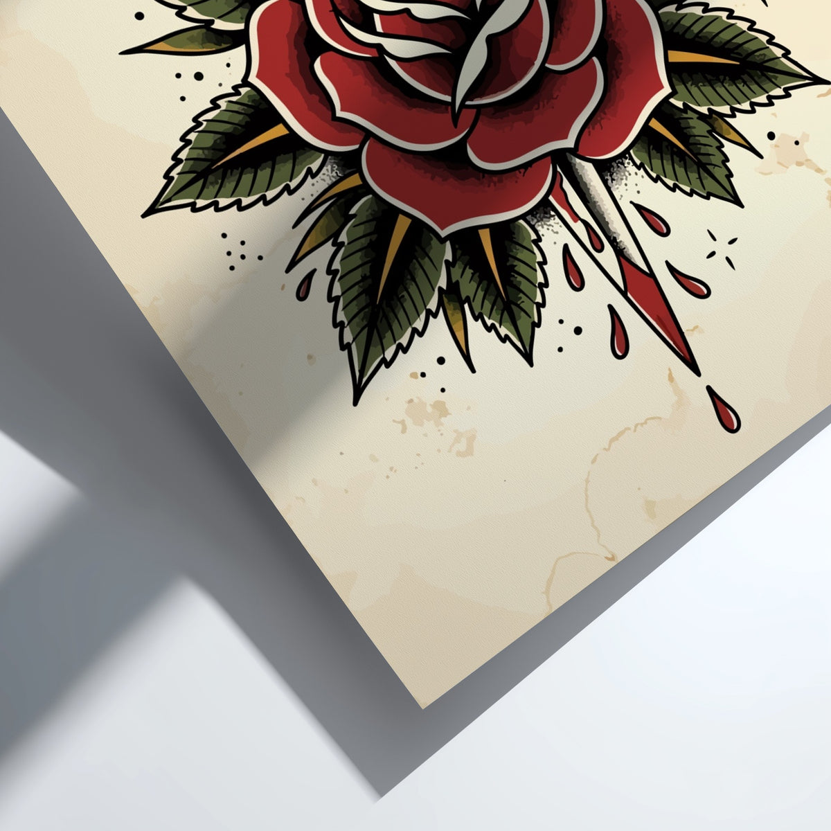 Poster featuring a traditional tattoo style dagger piercing a large red rose with leaves.