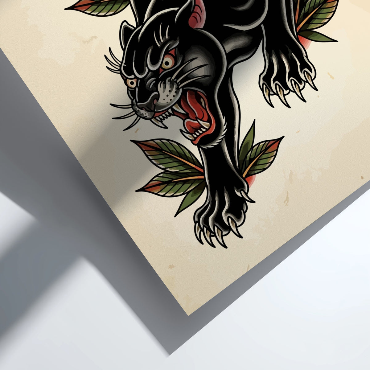Poster featuring a prowling black panther in American traditional tattoo style with botanical leaves.
