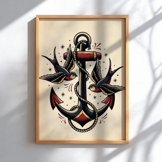 Poster featuring a traditional tattoo style anchor with rope and two swallows birds.