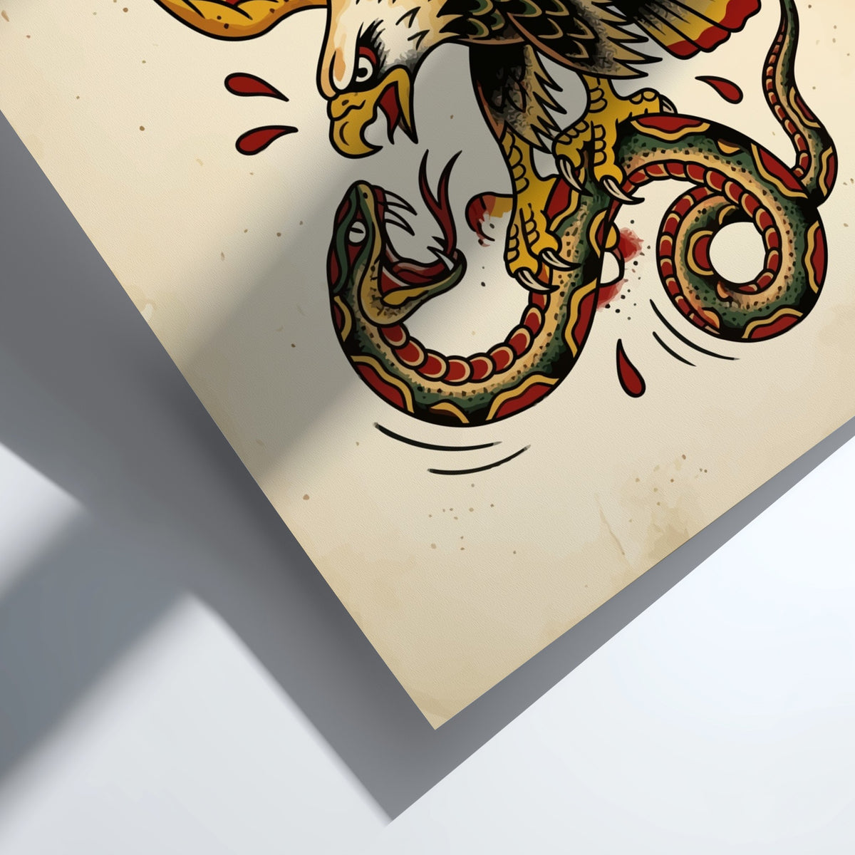 Poster featuring a traditional tattoo eagle fighting a snake in bold vintage ink colors.
