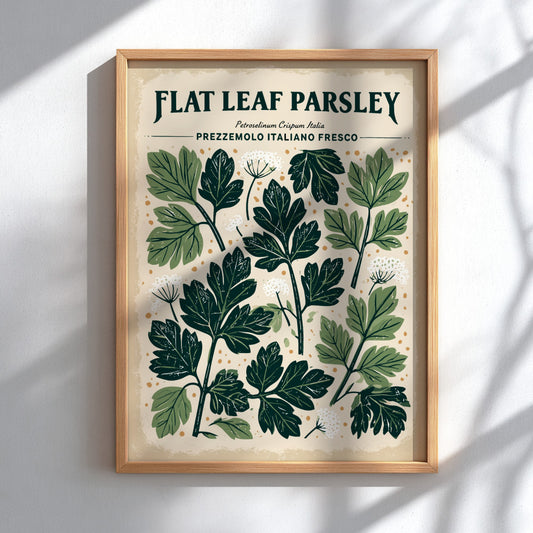 Kitchen poster featuring flat leaf parsley in rich green tones, botanical style, perfect for kitchen decor.