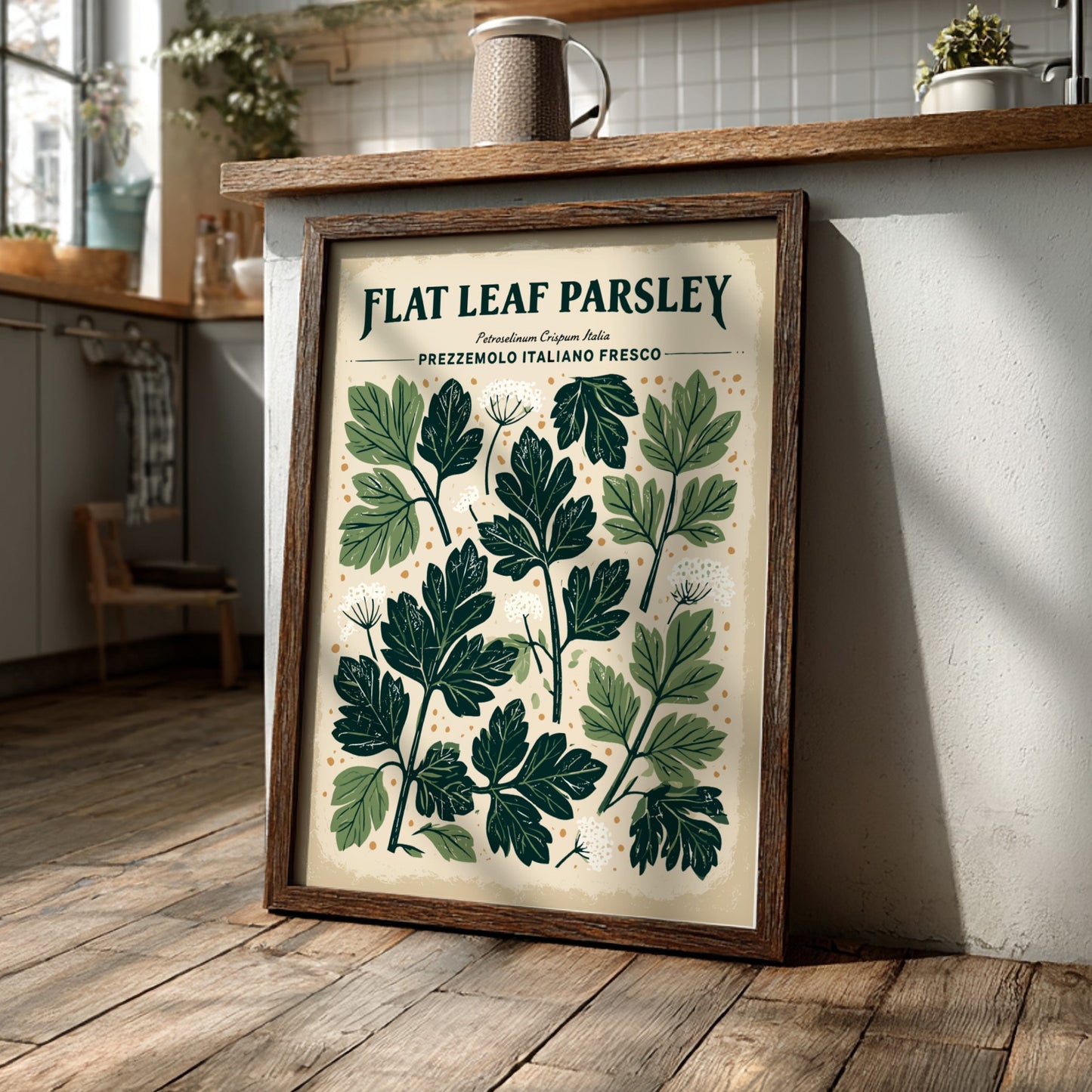 Kitchen poster featuring flat leaf parsley in rich green tones, botanical style, perfect for kitchen decor.
