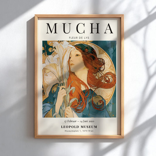 Fleur de Lys poster featuring Alphonse Mucha's Art Nouveau style with vibrant colors and floral elements