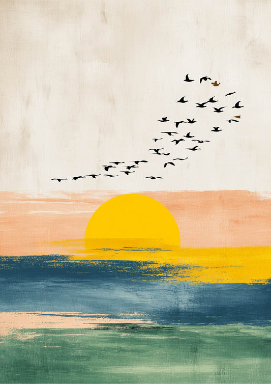 Décoration murale Sunset Flock – Œuvre d'art bohème colorée au coucher du soleil sur l'océan
