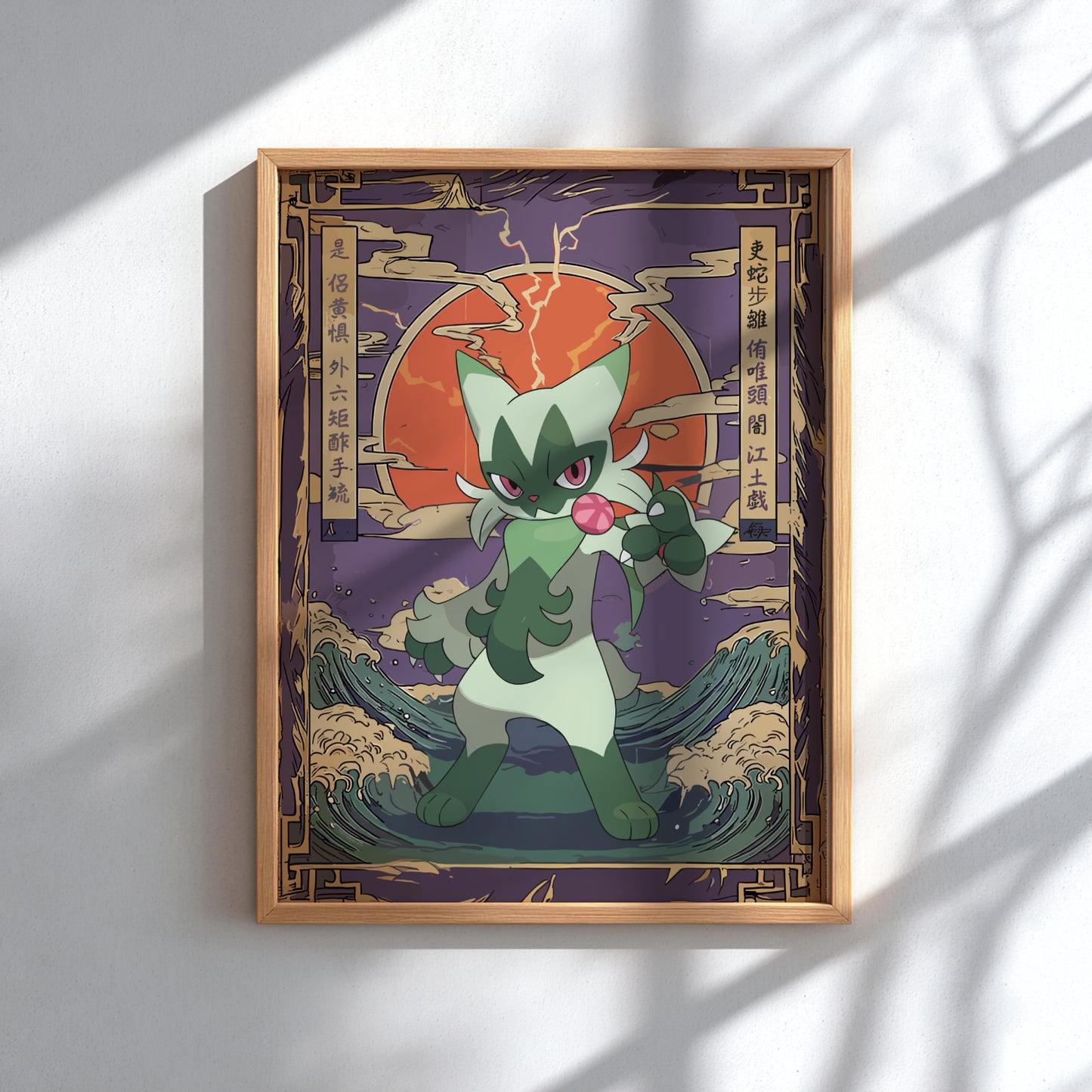 Framed artwork of Floragato Pokemon with a red flower on a purple background