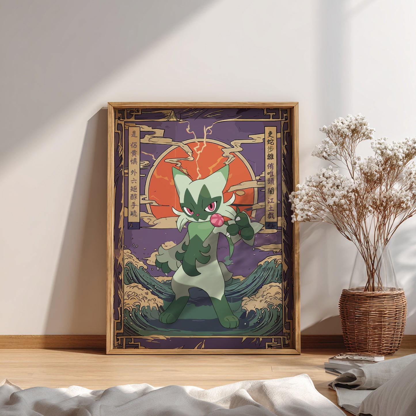 Framed artwork of Floragato Pokemon with a red circle on a wall.