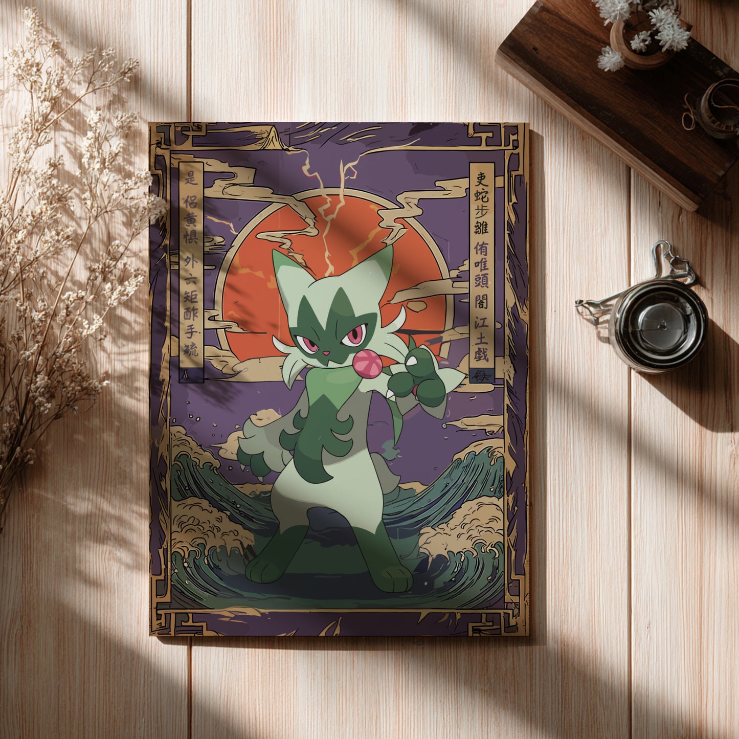 Floragato Pokemon character on a decorative box with a wooden surface and plant accents