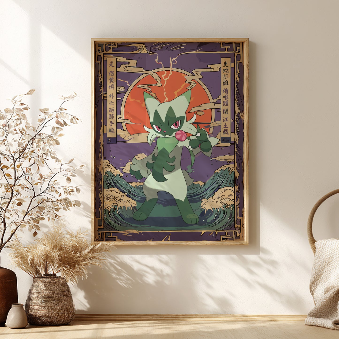 Framed artwork of Floragato Pokemon character with a purple background in a room with decor elements.