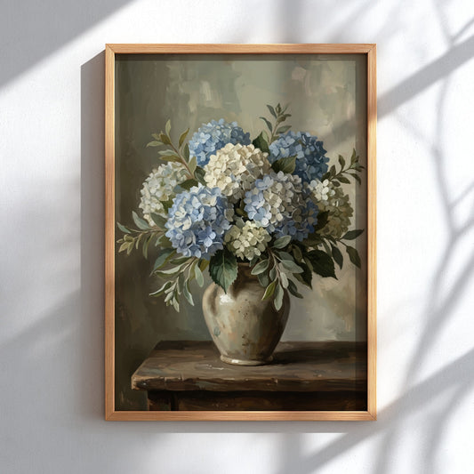 Poster featuring a vintage still life painting of blue and white hydrangeas in a vase.