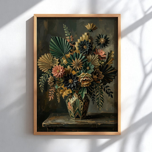 Poster featuring an Art Deco floral arrangement with geometric leaves in muted earthy tones