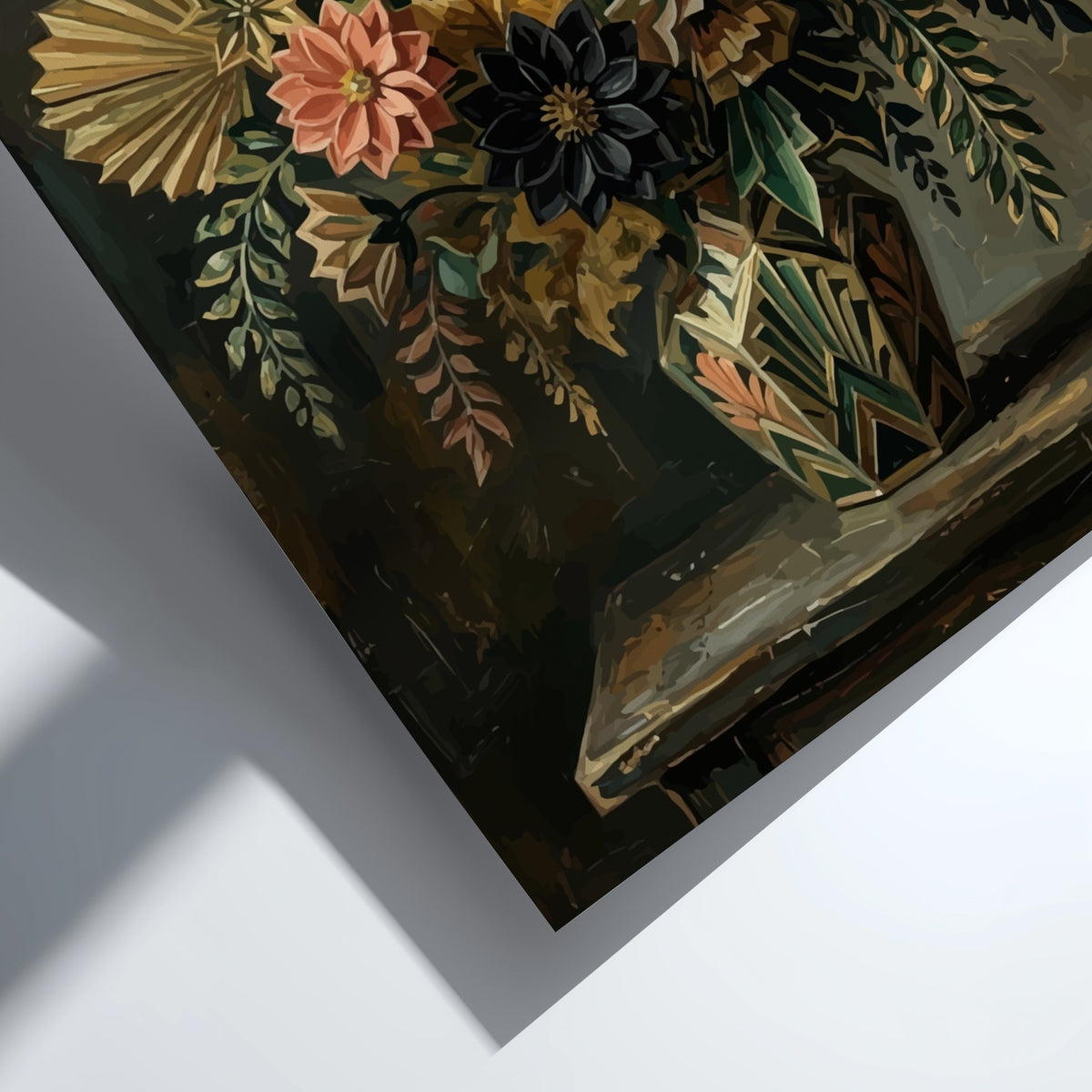 Poster featuring an Art Deco floral arrangement with geometric leaves in muted earthy tones
