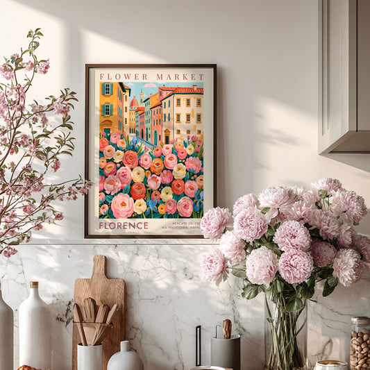Flower market poster featuring vibrant flowers and charming city buildings in Florence