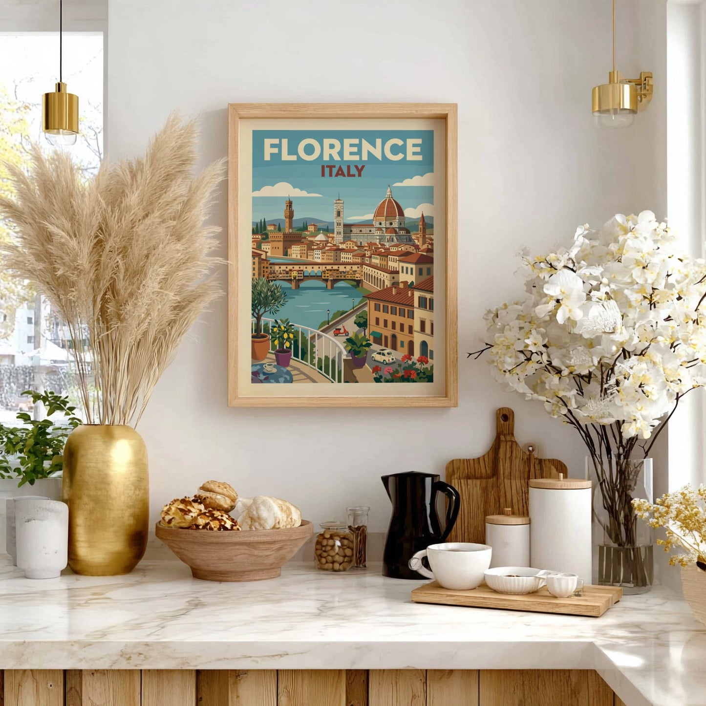 Vintage Florence Italy travel poster featuring the Duomo and Ponte Vecchio cityscape.