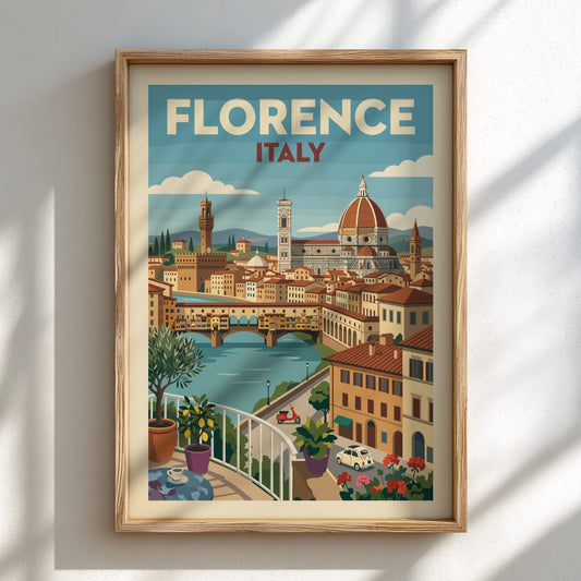Vintage Florence Italy travel poster featuring the Duomo and Ponte Vecchio cityscape.