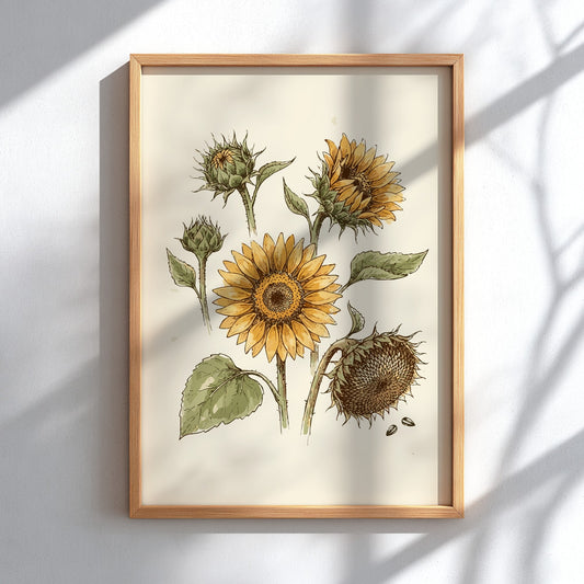 Sunflower botanical poster featuring multiple bloom stages in warm yellow and olive tones