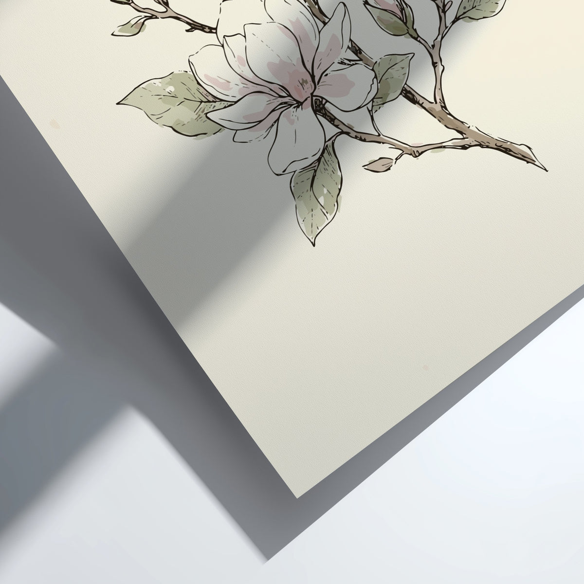 Magnolia blossom botanical poster with soft blush flowers and sage leaves on cream background.