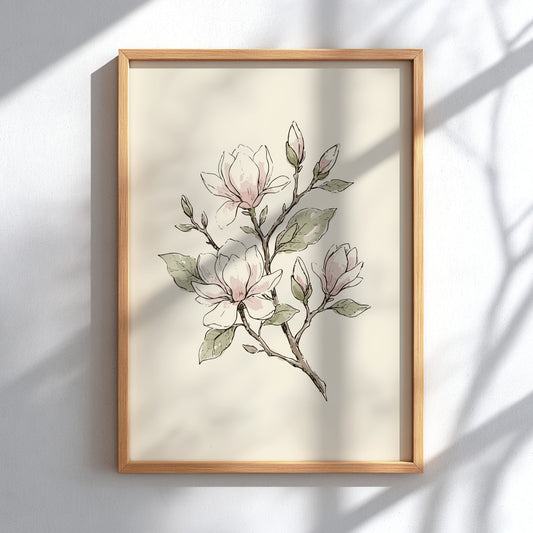 Magnolia blossom botanical poster with soft blush flowers and sage leaves on cream background.
