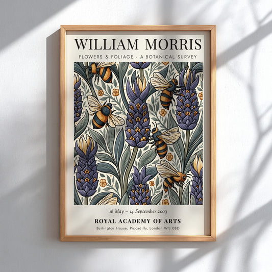 William Morris poster featuring vibrant flowers and foliage in botanical art style