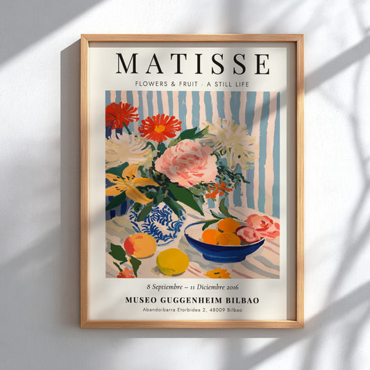 Henri Matisse poster featuring vibrant flowers and fruit in a still life style, perfect for home decor and